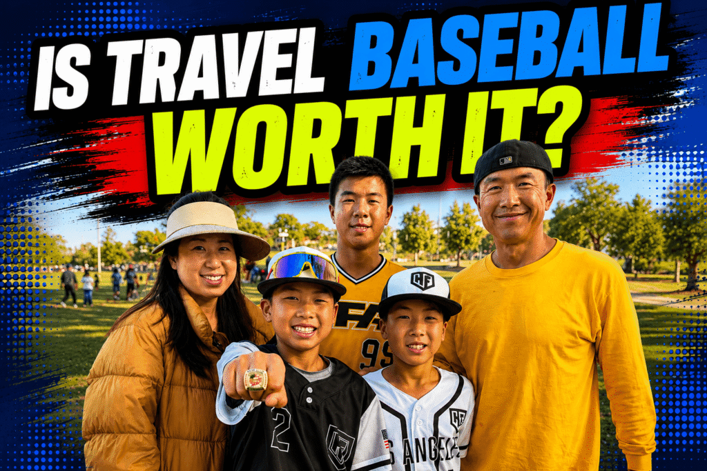 Simon Chan smiling with his three sons in their baseball gear