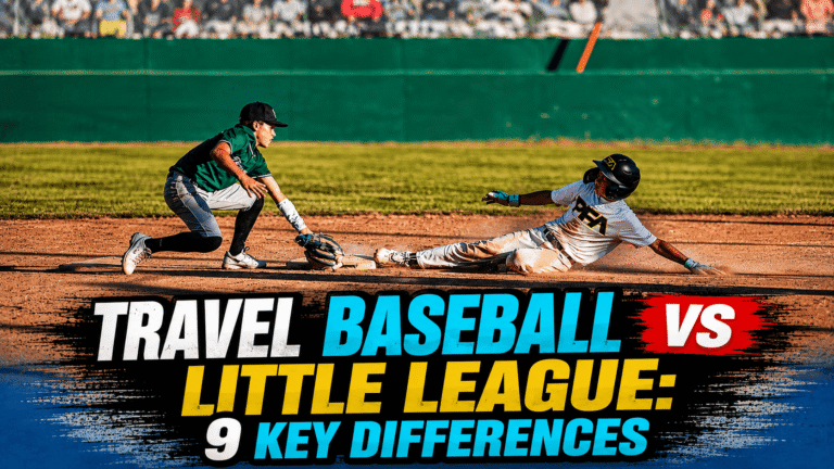 Thumbnail for blog travel baseball vs little league. Photo of kid sliding into second base