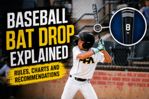 Baseball Bat Drop Explained thumbnail featuring a youth baseball player and a graphic highlighting a drop 8 bat marking.