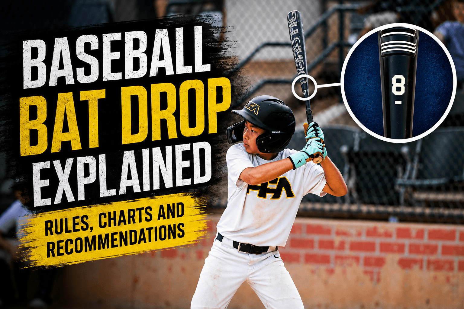 Baseball Bat Drop Explained thumbnail featuring a youth baseball player and a graphic highlighting a drop 8 bat marking.