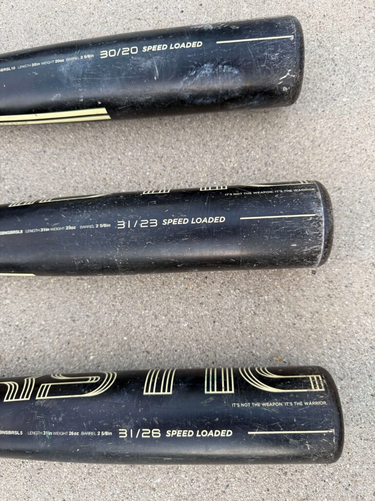 close up of 3 barrel of warstic bonesaber bats that show different length and weight of each bat