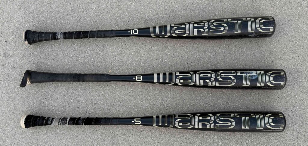 3 different warstic bonesaber bats with 3 different baseball bat drops