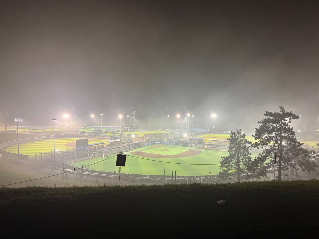 Late evening overhead view of 6 baseball fields at Cooperstown All Star Village