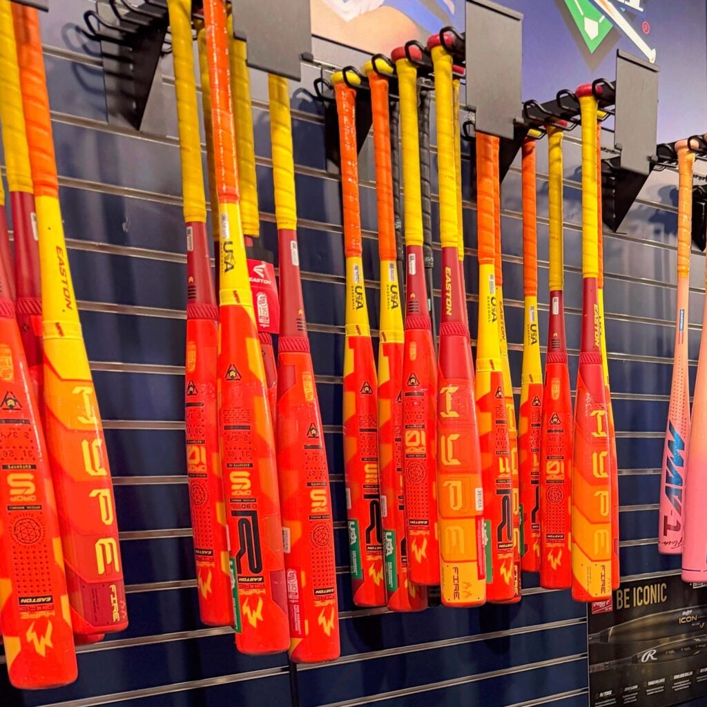 Rack of discounted Easton Hype Fire composite bats