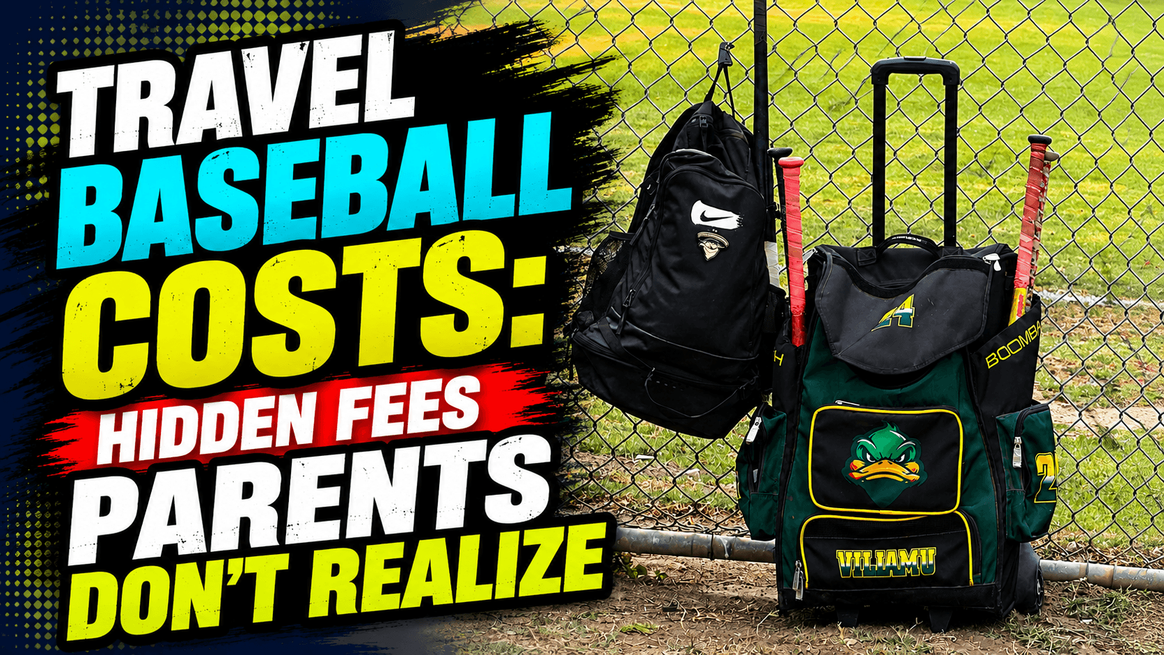 thumbnail for blog on travel baseball costs showing baseball bag and bats