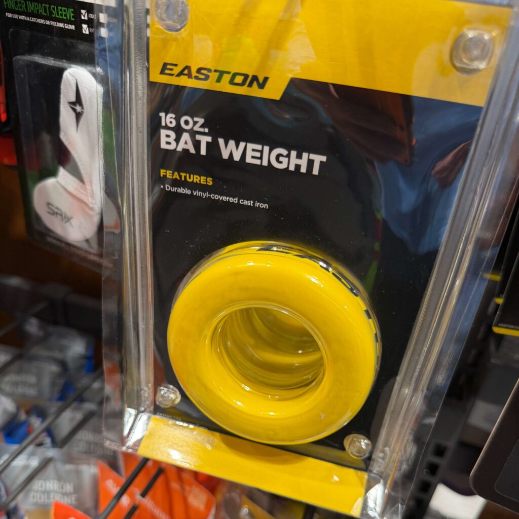 Yellow 16 oz. vinyl-covered Easton bat weight in clear blister packaging.