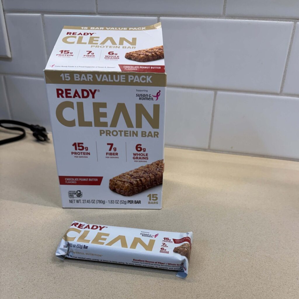 Box of Ready Clean protein bars on counter