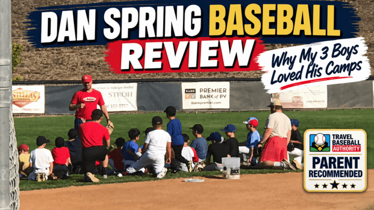 Dan Spring Baseball review thumbnail showing a coach instructing youth players on the grass, with text reading "Dan Spring Baseball Review: Why My 3 Boys Loved His Camps" and a Travel Baseball Authority 5-star Parent Recommended badge.
