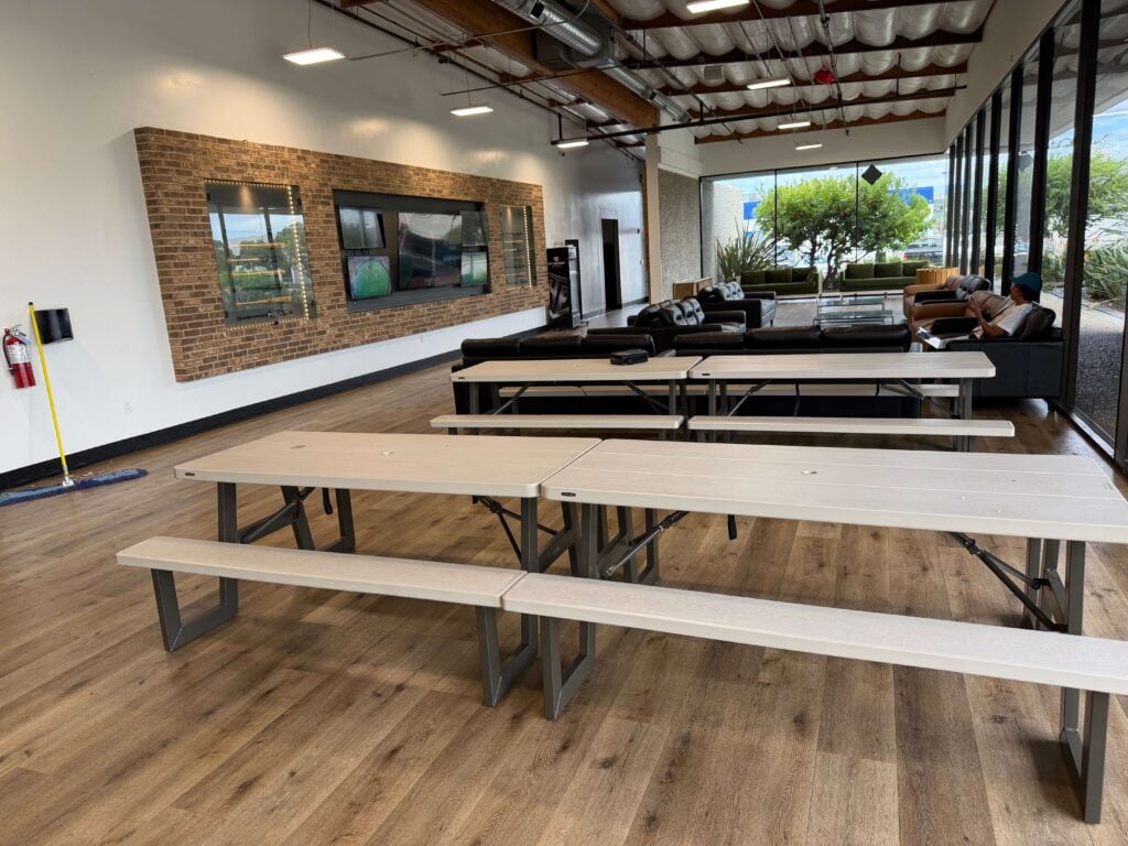 tables in the lounge area at Hit Factory LA
