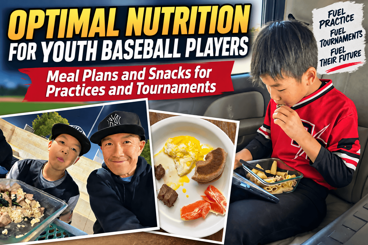 Featured image for a guide on optimal nutrition for youth baseball players, showing a travel ball dad and his sons eating home-cooked meal plans and snacks like pasta, steak, and eggs during practices and tournaments