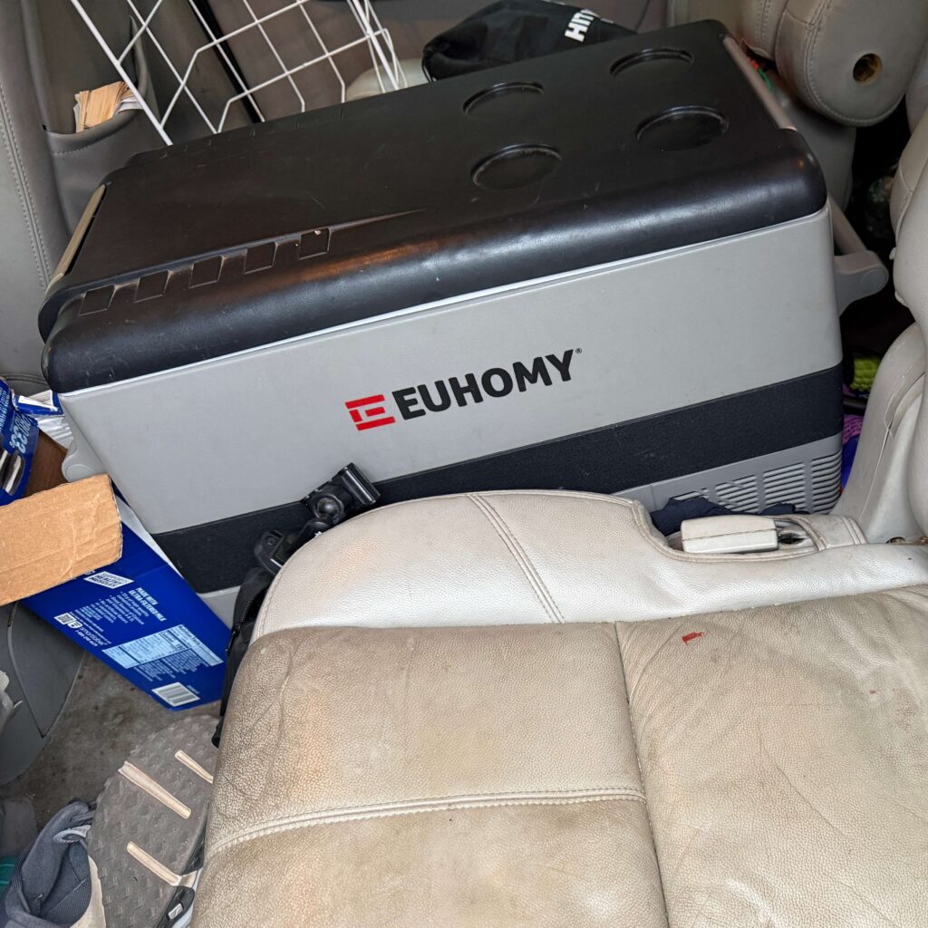 Portable fridge in backseat of car