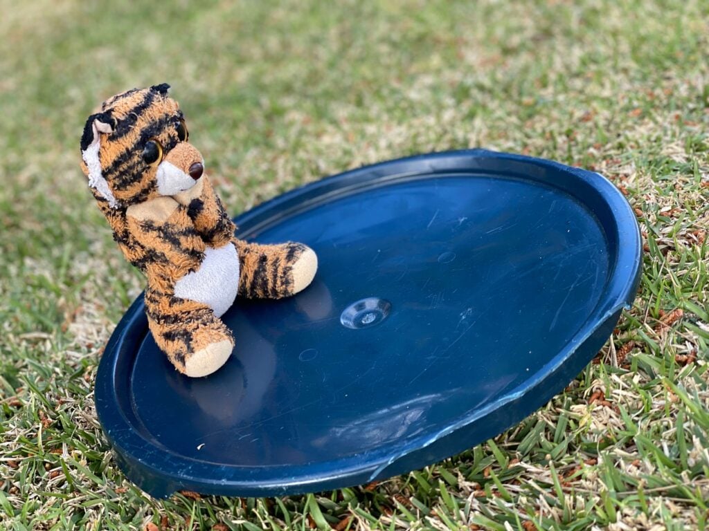 A small stuffed tiger toy sitting on a blue lid in the grass, used as a mental cue to help a young player relax.