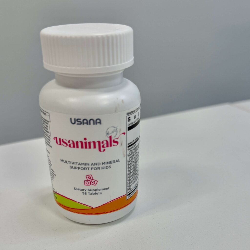 Bottle of children's multivitamin called Usananimals made by USANA Health Sciences