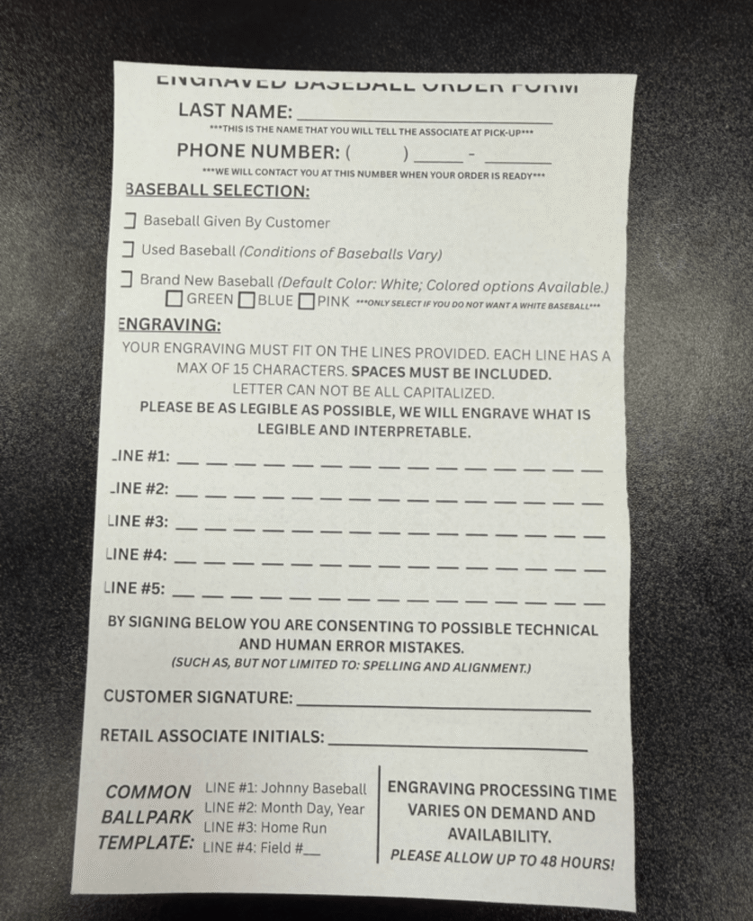 Cooperstown All Star Village engraved baseball order form showing text customization lines and ball selection options