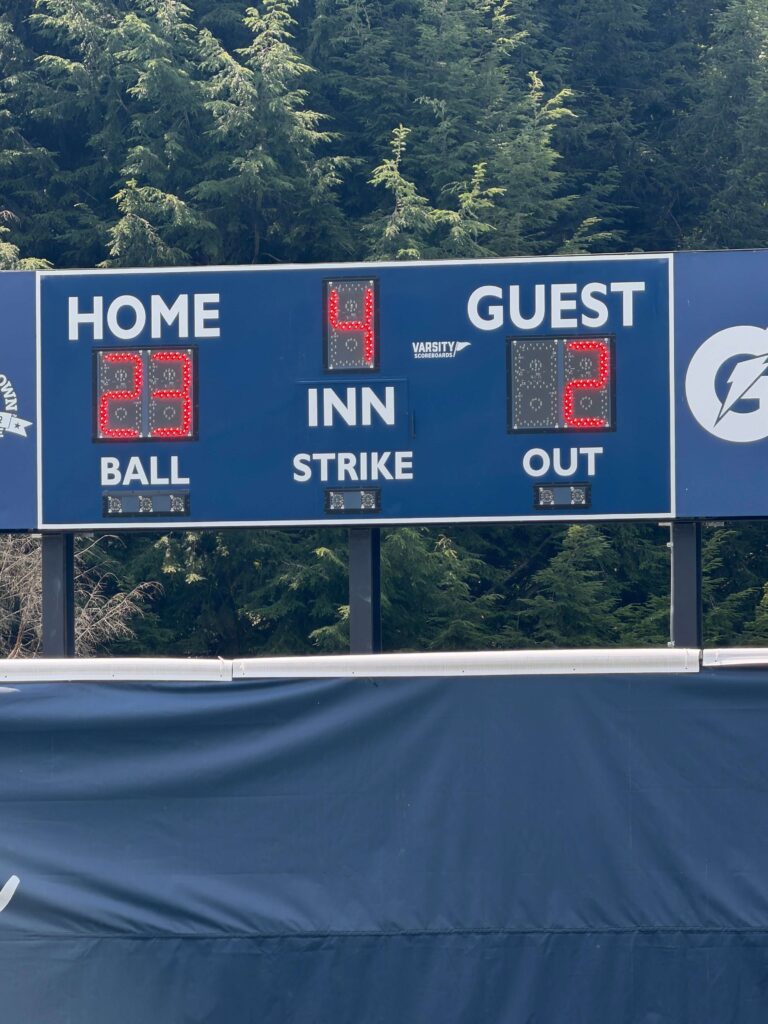 Cooperstown All Star Village scoreboard showing a blowout score of 23 to 2 in the 4th inning