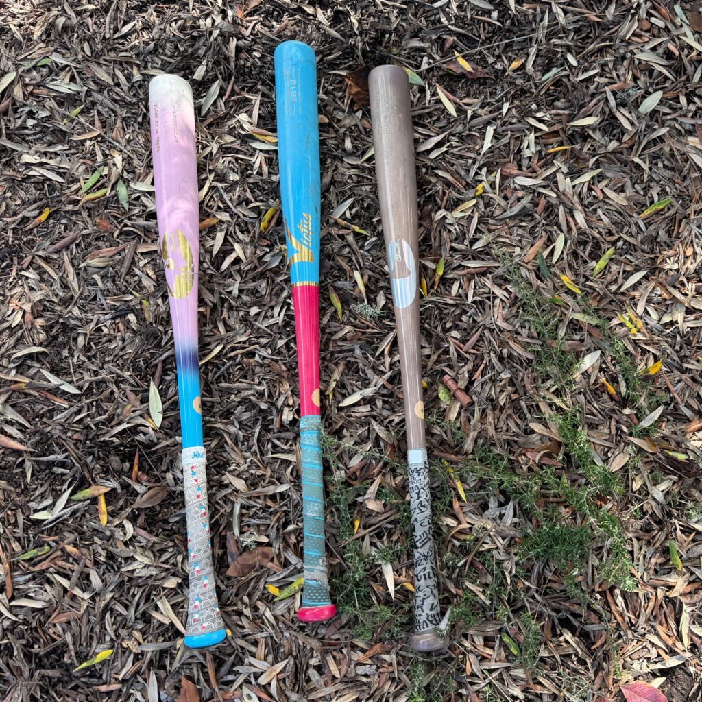Three custom-painted wood baseball bats by Victus and Chandler resting on dry leaves.