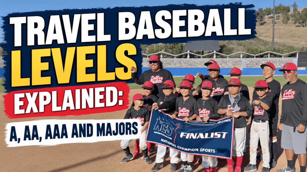 Travel baseball levels explained graphic featuring the A, AA, AAA, and Majors classifications next to a youth baseball team