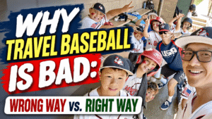 Happy youth baseball players and coaches smiling in a dugout, featuring the article title Why Travel Baseball Is Bad: Wrong Way vs. Right Way